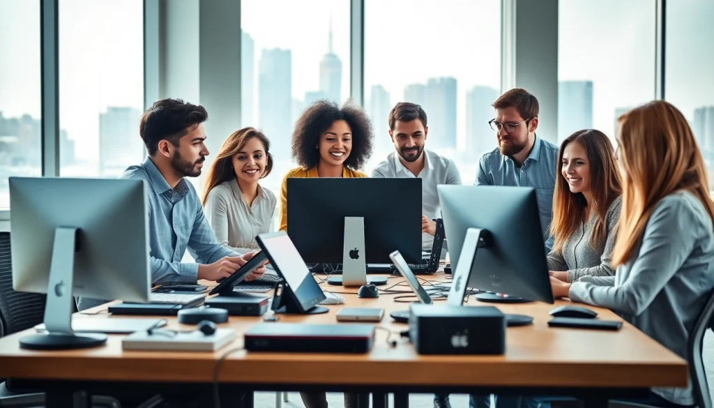 Showcasing a collaborative environment focusing on technology with diverse individuals sharing ideas.