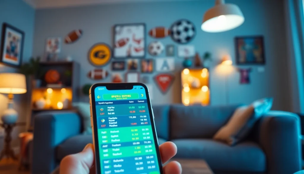 Engaging scene with a user betting on online sportsbooks India through a smartphone.