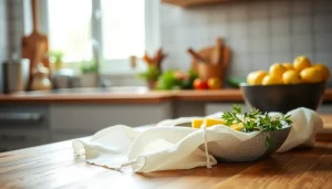 Gebruik van een kaasdoek voor het maken van kaas in een heldere keuken.