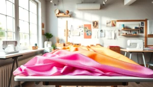 Mousseline stof in een modieuze naaiwerkruimte met kleurrijke voorbeelden en gereedschappen.