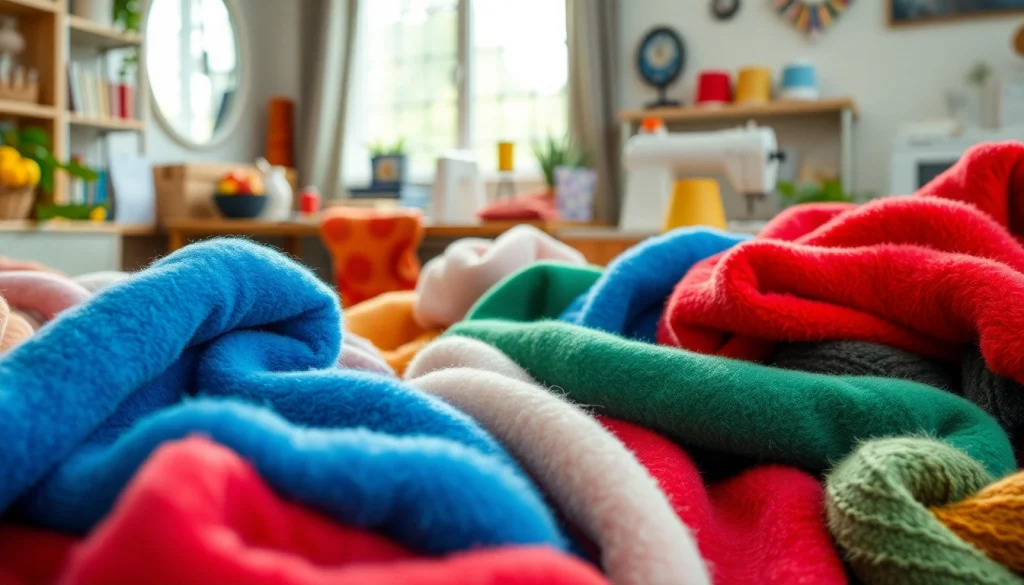 Fleece stoffen in diverse kleuren en texturen op een stijlvolle naaiwerkplek.