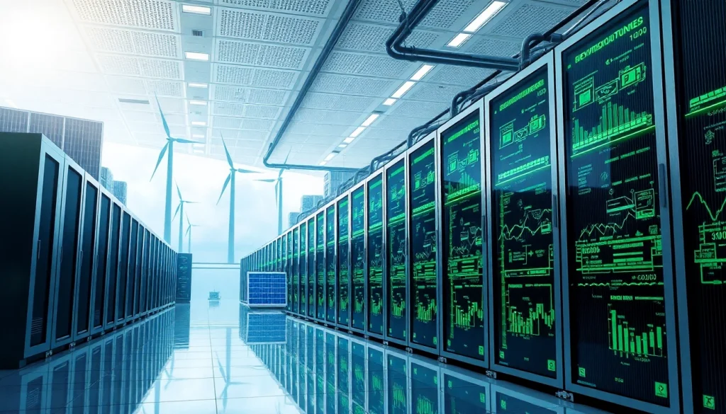 Visualization of cloud mining bitcoin technology with renewable energy sources.