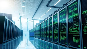 Visualization of cloud mining bitcoin technology with renewable energy sources.