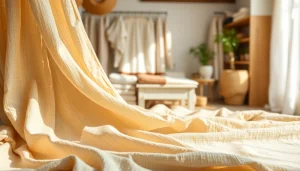 Linnen stoffen in verschillende texturen en kleuren op een lichtgekleurde achtergrond.