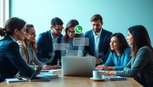 Engaged business team utilizing WhatsApp Business CRM features in a collaborative workspace.