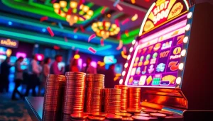 Bermain slot pulsa 5000 dengan mesin slot yang menonjol dan suasana kasino yang meriah.