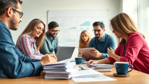 Team engaged in Proposal Writing and Management in a bright office setting with collaboration tools.