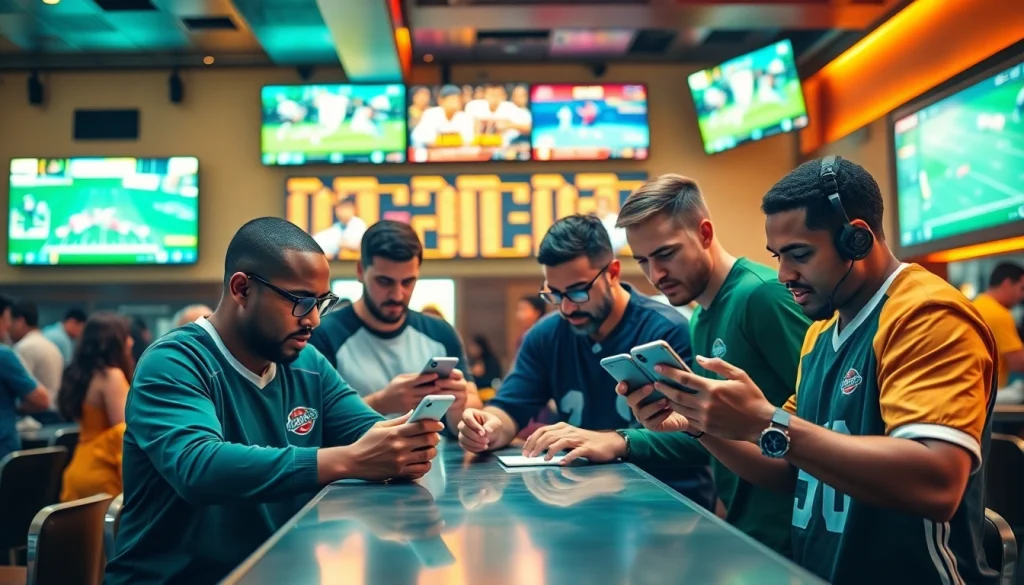 Bettors enthusiastically engaging with online sportsbooks Alabama in a lively sports bar.