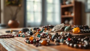 Shop spiritual jewelry shop showcasing vibrant gemstones and intricate designs.