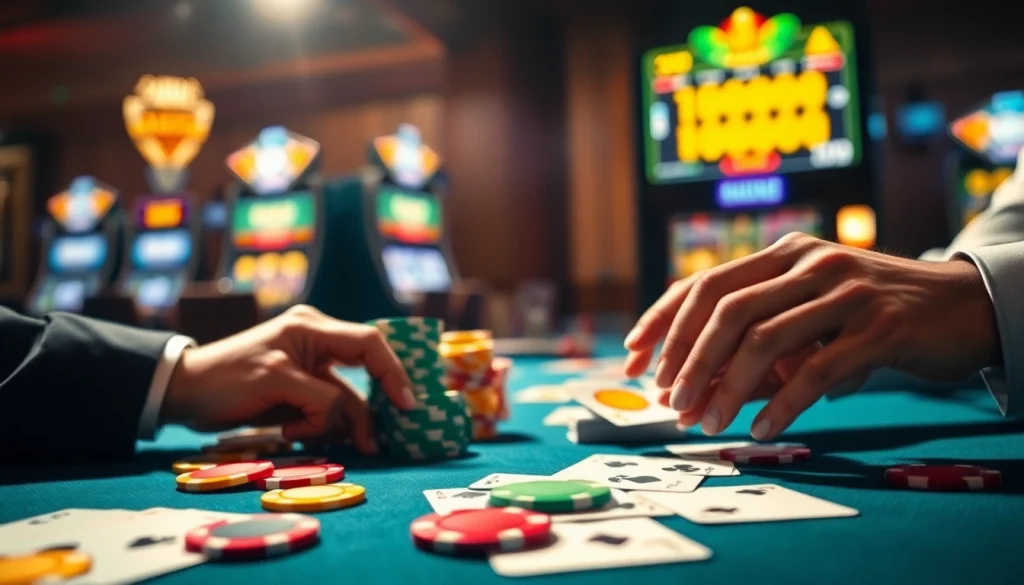 Engage in thrilling online casino Canada games with vibrant chips and cards in a moody setting.