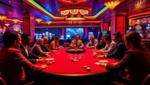 Players engaging at a poker table in the luxurious casino setting of https://jun88buzz.info/, showcasing thrilling gameplay.