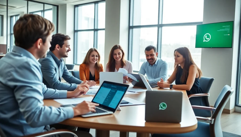 Engaged business team discussing WhatsApp Business CRM strategies in a bright office.