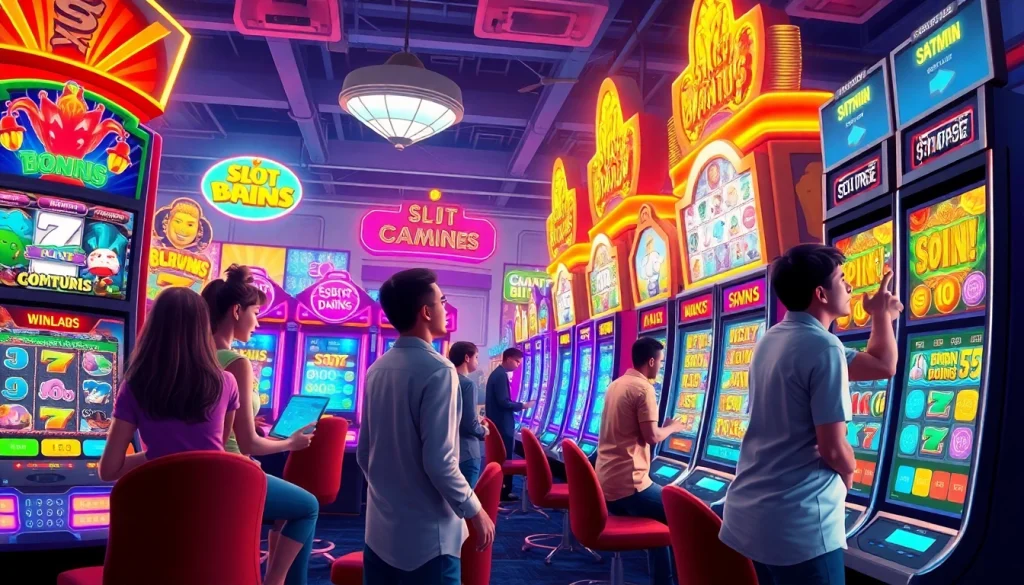 Hoki138 pro: Exciting online slot gaming scene with vibrant machines and players.