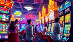 Hoki138 pro: Exciting online slot gaming scene with vibrant machines and players.