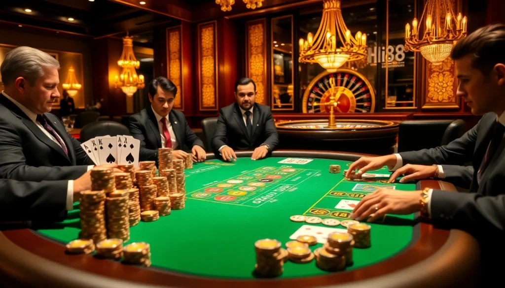 Gamblers participating in a high-stakes poker game at Hi88's luxurious casino.
