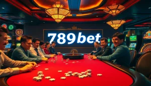 Excited players enjoying a high-stakes poker game at the luxurious 789bet casino.