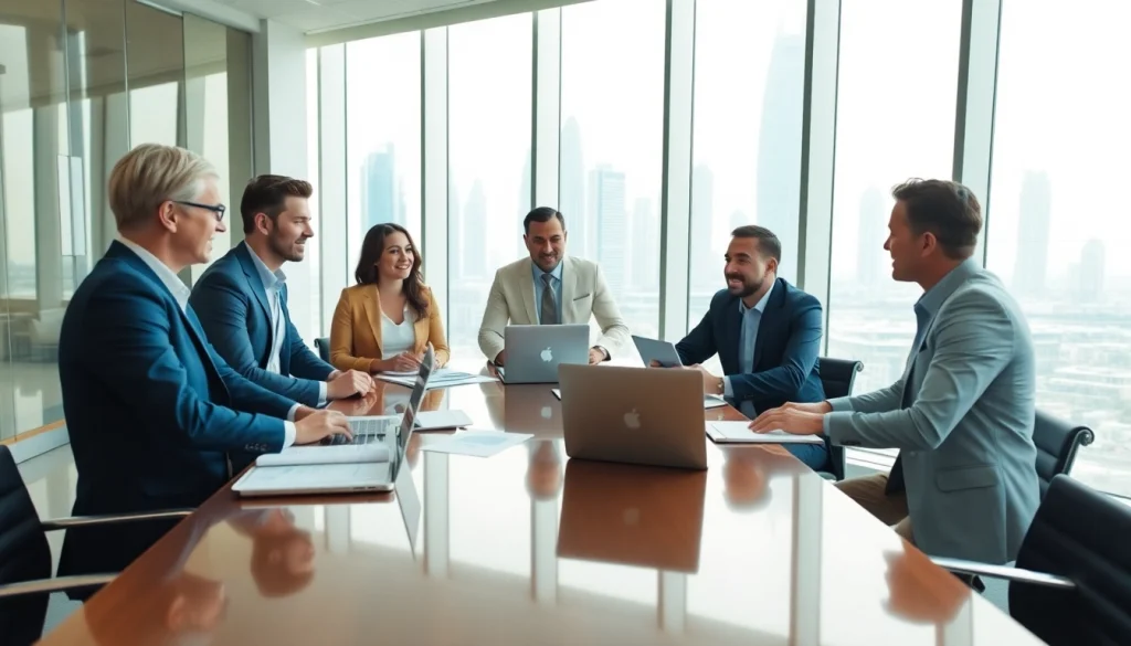 Business Consultants in Dubai collaborating in a modern office, showcasing strategic meeting dynamics.