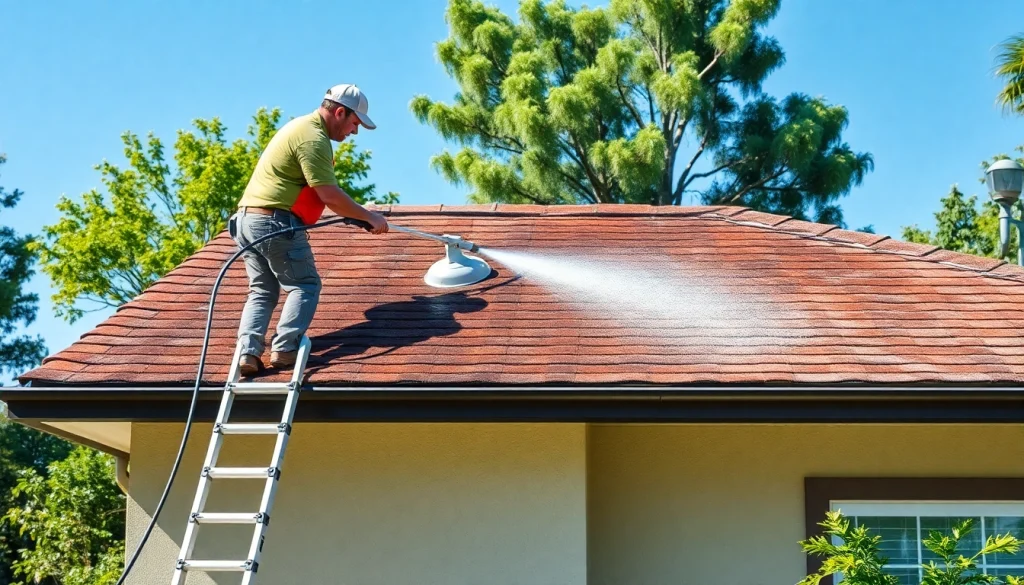 Roof cleaning in Kissimmee, FL, showcasing an eco-safe professional technician using soft washing to remove algae.