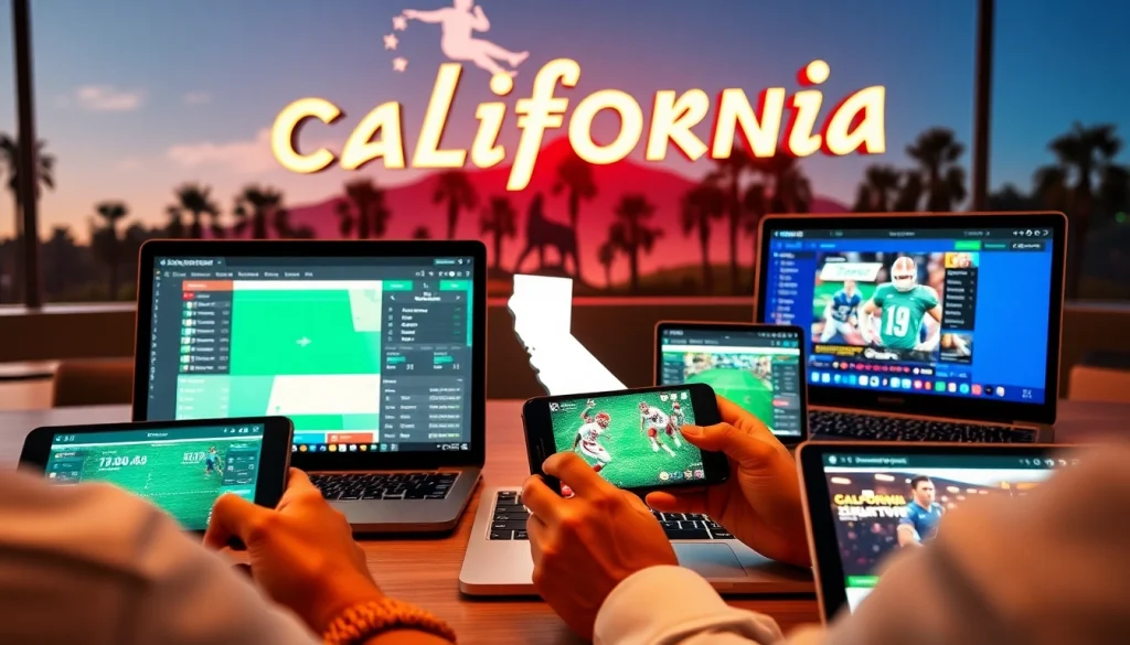 Engaging view of online sportsbooks California showcasing mobile betting apps against California landmarks.