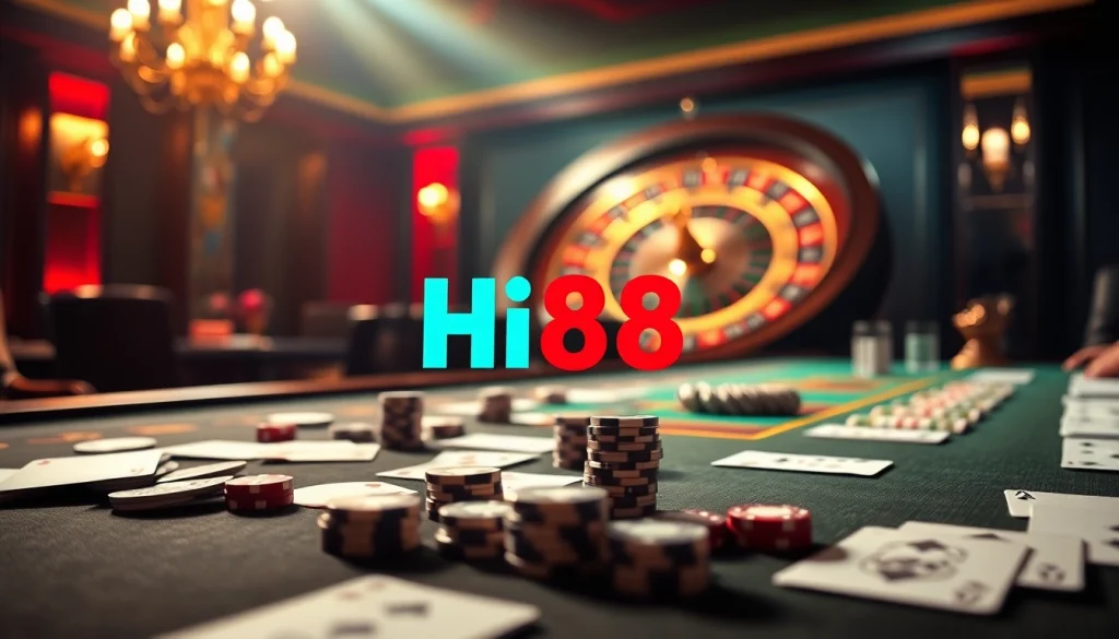 Hi88 betting table with cards, poker chips, and a roulette wheel in an elegant casino setting.