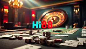 Hi88 betting table with cards, poker chips, and a roulette wheel in an elegant casino setting.
