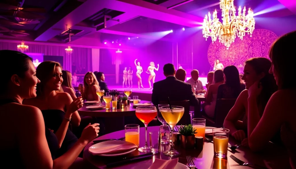 Dinner sxm at Club Noir, showcasing a vibrant nightlife with performers and elegant patrons enjoying premium cocktails.