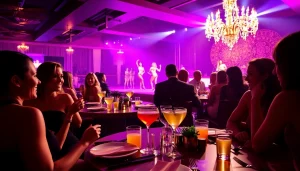 Dinner sxm at Club Noir, showcasing a vibrant nightlife with performers and elegant patrons enjoying premium cocktails.