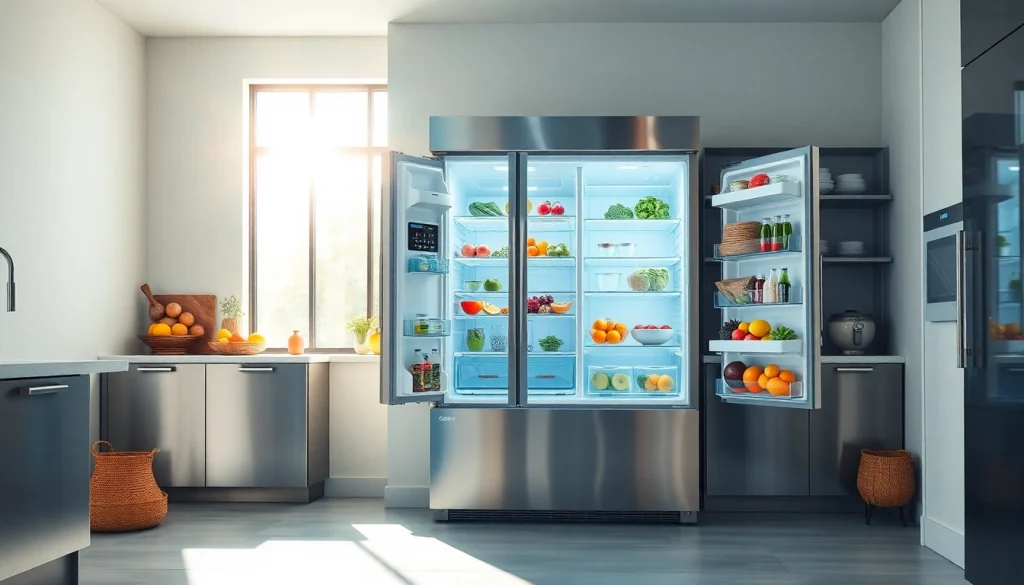 Showcasing a modern refrigerator with a stainless steel finish filled with fresh produce.