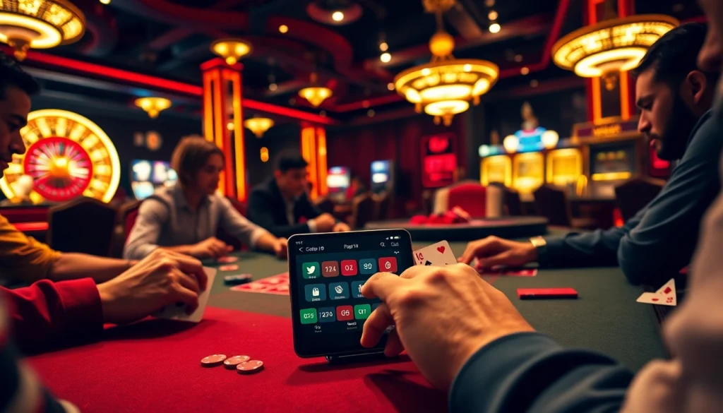 Người chơi tận hưởng ứng dụng cg79 trong một trận poker đầy kịch tính tại một casino sang trọng