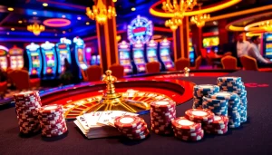 Hello88 casino scene showcasing a luxurious roulette setup with vibrant colors and polished poker chips.