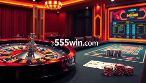 Engage in thrilling gameplay at 555win com with a vibrant casino ambiance featuring roulette wheels and poker tables.