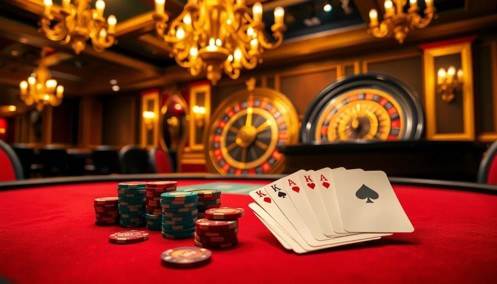 Engaging poker scene showcasing gg88 chips and cards at a luxurious casino table.