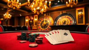 Engaging poker scene showcasing gg88 chips and cards at a luxurious casino table.