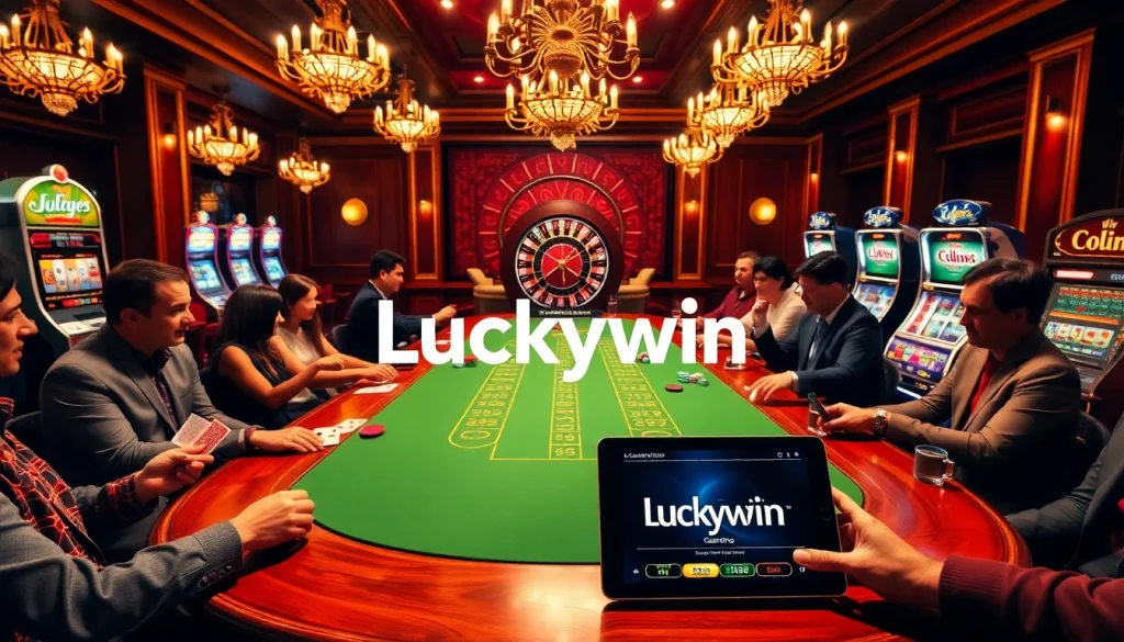 Experience the excitement of Luckywin at a bustling casino table with players, cards, and chips.