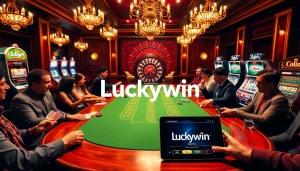 Experience the excitement of Luckywin at a bustling casino table with players, cards, and chips.
