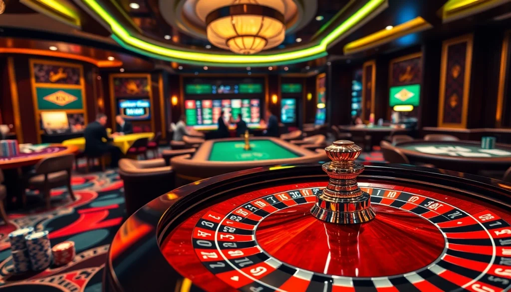 Players enjoy exciting games at rr88 kjc, featuring vibrant casino elements like roulette and poker.