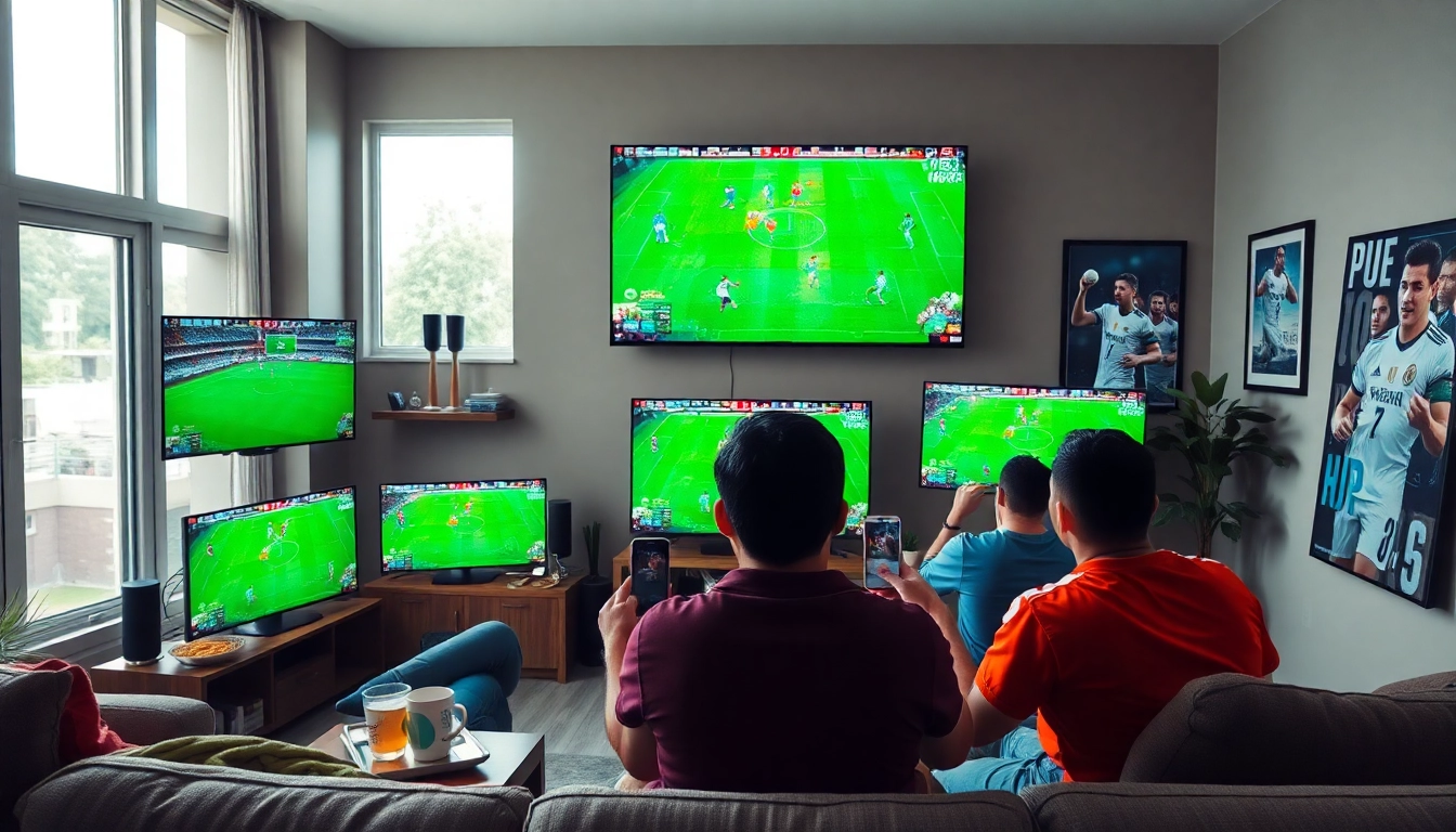 Engaged football fans streaming matches on joemadfan.com in a vibrant home setting.