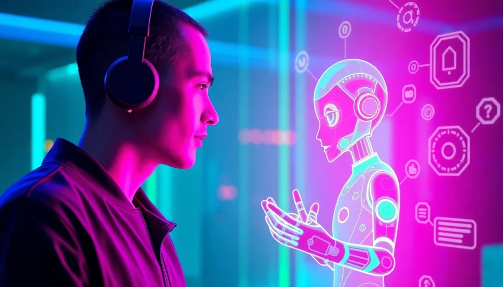 Engaging interaction with an NSFW AI chatbot in a vibrant, futuristic setting.