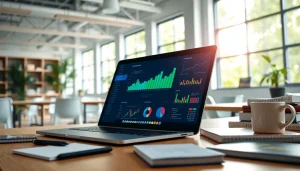 Digital Marketing strategist analyzing data with a laptop, energizing office setup.