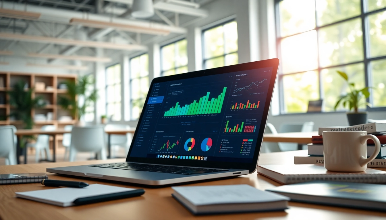 Digital Marketing strategist analyzing data with a laptop, energizing office setup.