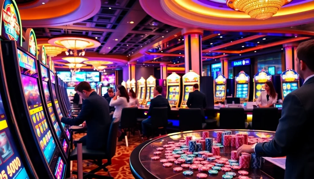 Experience the excitement of casino gaming with slot naga169 login amidst vibrant slot machines and eager players.