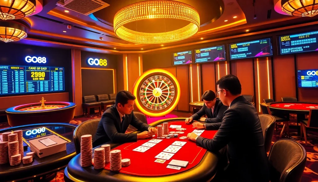 Experience the thrill of GO88 in a vibrant casino setting with poker and roulette action.