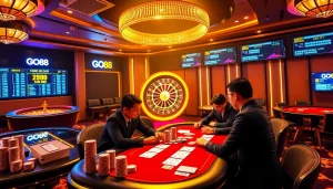 Experience the thrill of GO88 in a vibrant casino setting with poker and roulette action.