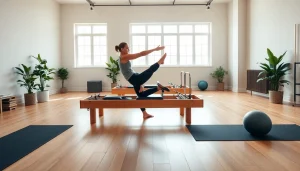 静かなスタジオでポーズを実演する、ピラティス おすすめを強調したインストラクターの様子。