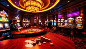 Players enjoying sbobet link alternatif at an elegant casino with vibrant slot machines and engaging gambling atmosphere.
