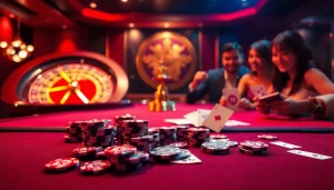 Gambling at 98WIN's luxurious casino table with poker chips and cards in action.