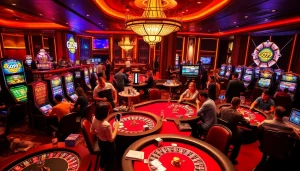 Exciting GO99 casino gaming scene with vibrant slot machines and poker tables.