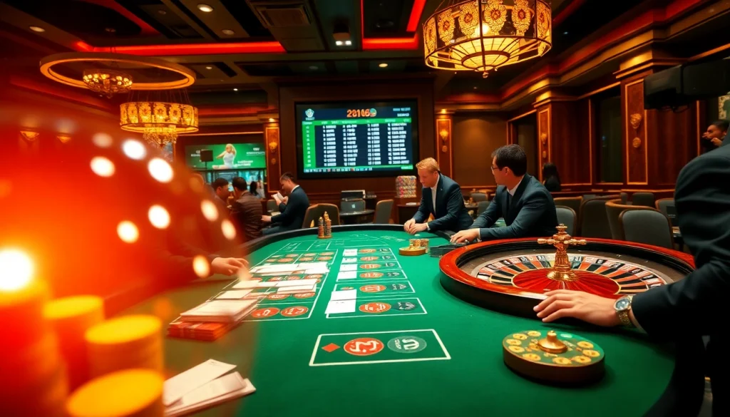 Experience แทงบอลยังไง with a dynamic casino scene featuring eager players at a betting table.