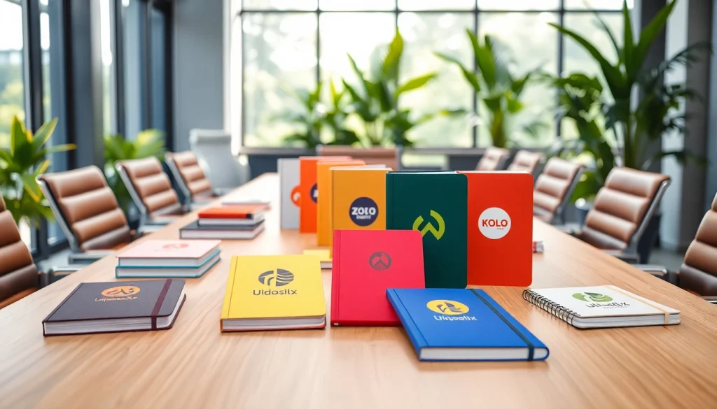 Reklaminiai bloknotai rodomi modernioje biuro aplinkoje su ryškiu įvaizdžiu ir ekologiškomis detalėmis.