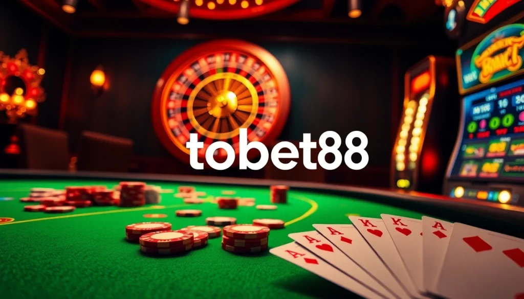 Tobet88 offers a thrilling online casino experience with vibrant poker chips and glowing slot machines.